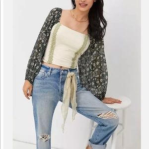 Anthropologie Floral Balloon Sleeve Lace Up Peasant Blouse Top BNWOT